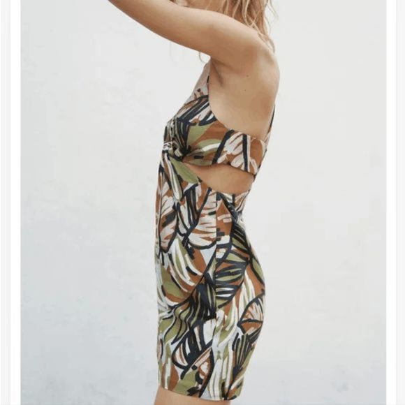 ZARA Linen Blend Camo Lined Cut out Dress size Medium Palm Leaf Print - Picture 8 of 9